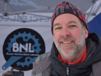 Don Boyles, Bicycles NL(BNL) treasurer, served warm drinks and refreshments at the fat bike demo. Boyles said that at one point it was so cold that some coffee froze.