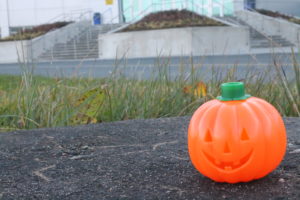 A pumpkin beside the stairs at College of the North Atlantic