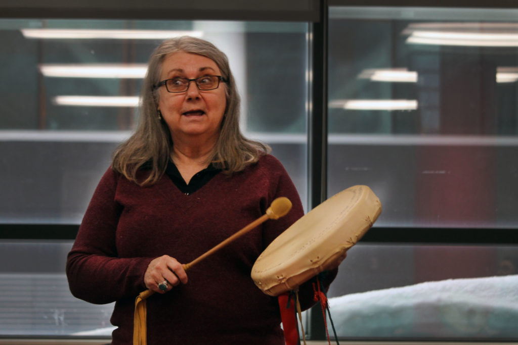 Marie Eastman is a Knowledge Keeper who teaches drumming to students at Memorial University.