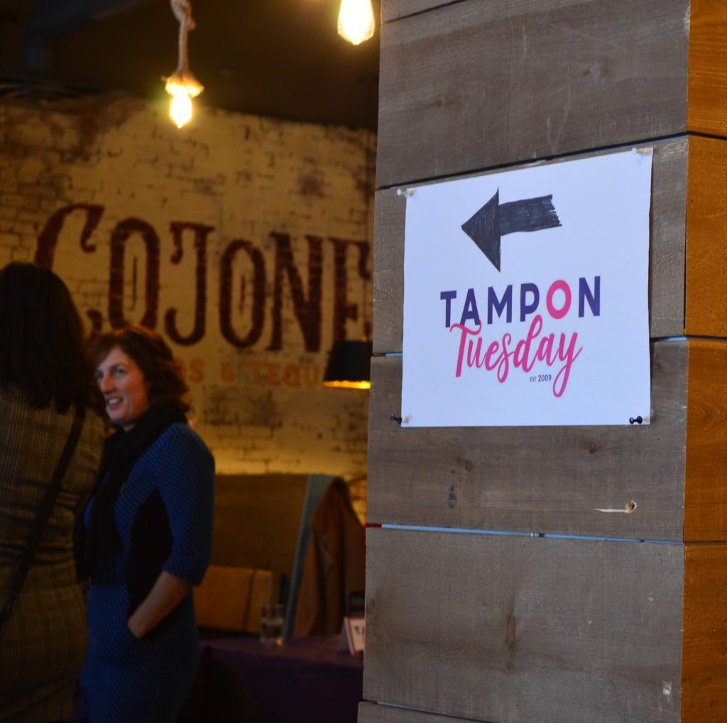 A sign directs attendees of Tampon Tuesday into the event at Cojones in St. John's, NL. Anna Murphy/ Kicker. 