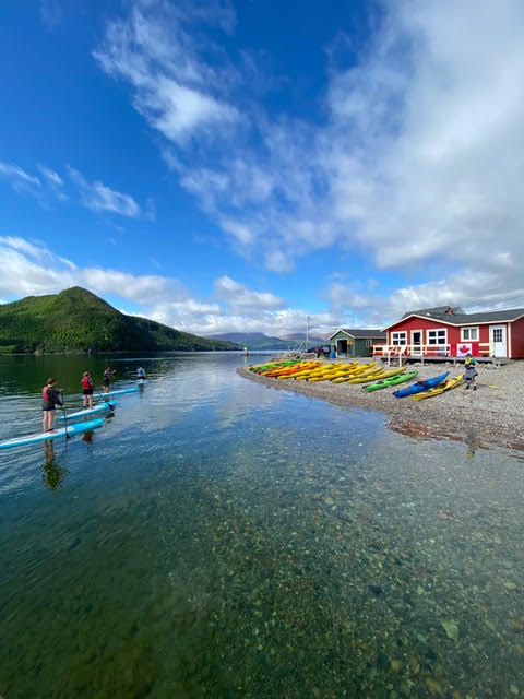 Paddleboarders float on the water outside the Gros Morne Adventures rental shop.