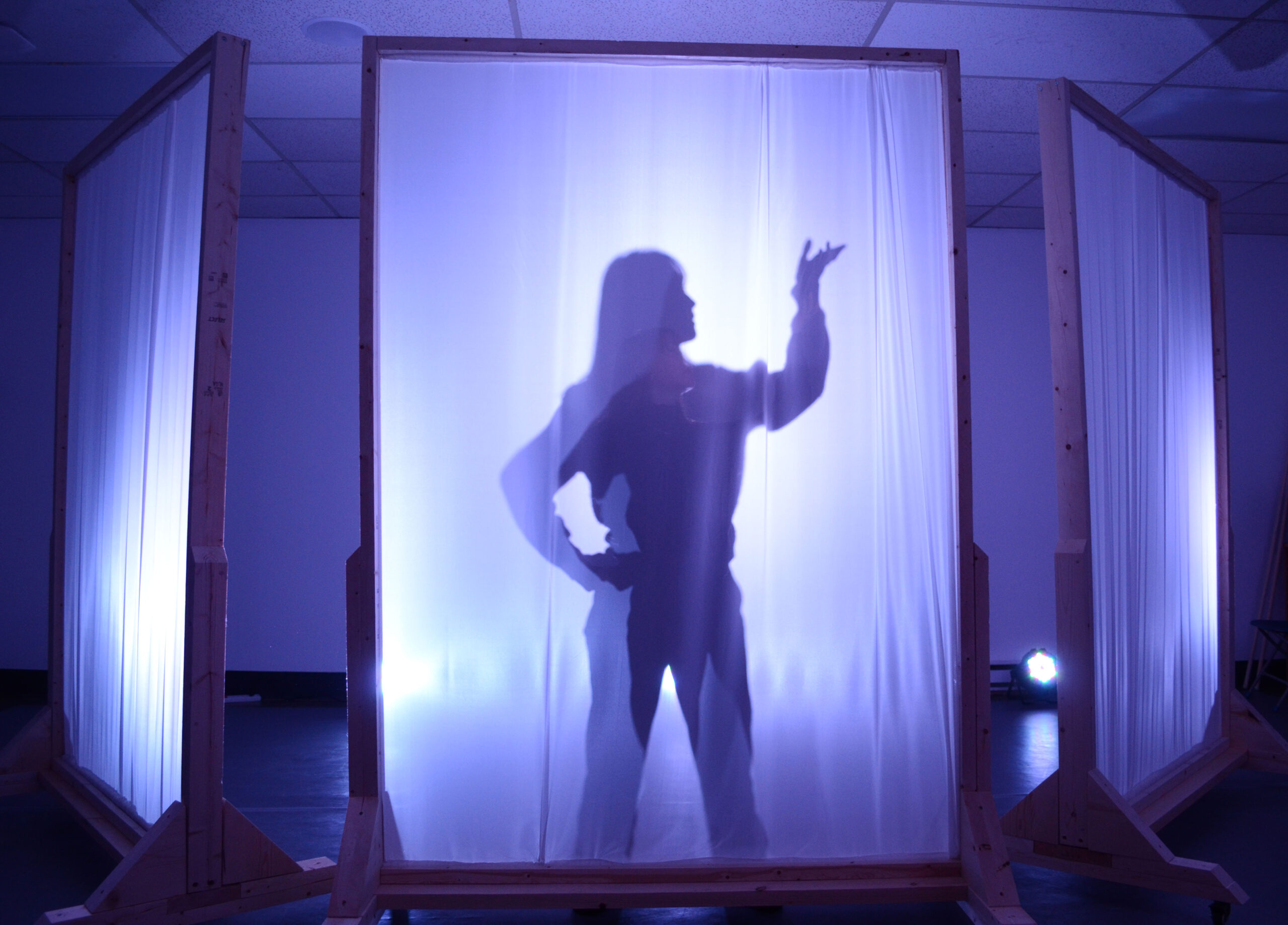 Actor Andrya Duff stands behind a large and translucent white screen with a purple light shining behind her. Her shadow is seen more clearly, with one hand on her hip, and the other raised in the air. There is an angled white screen on either side of her. 