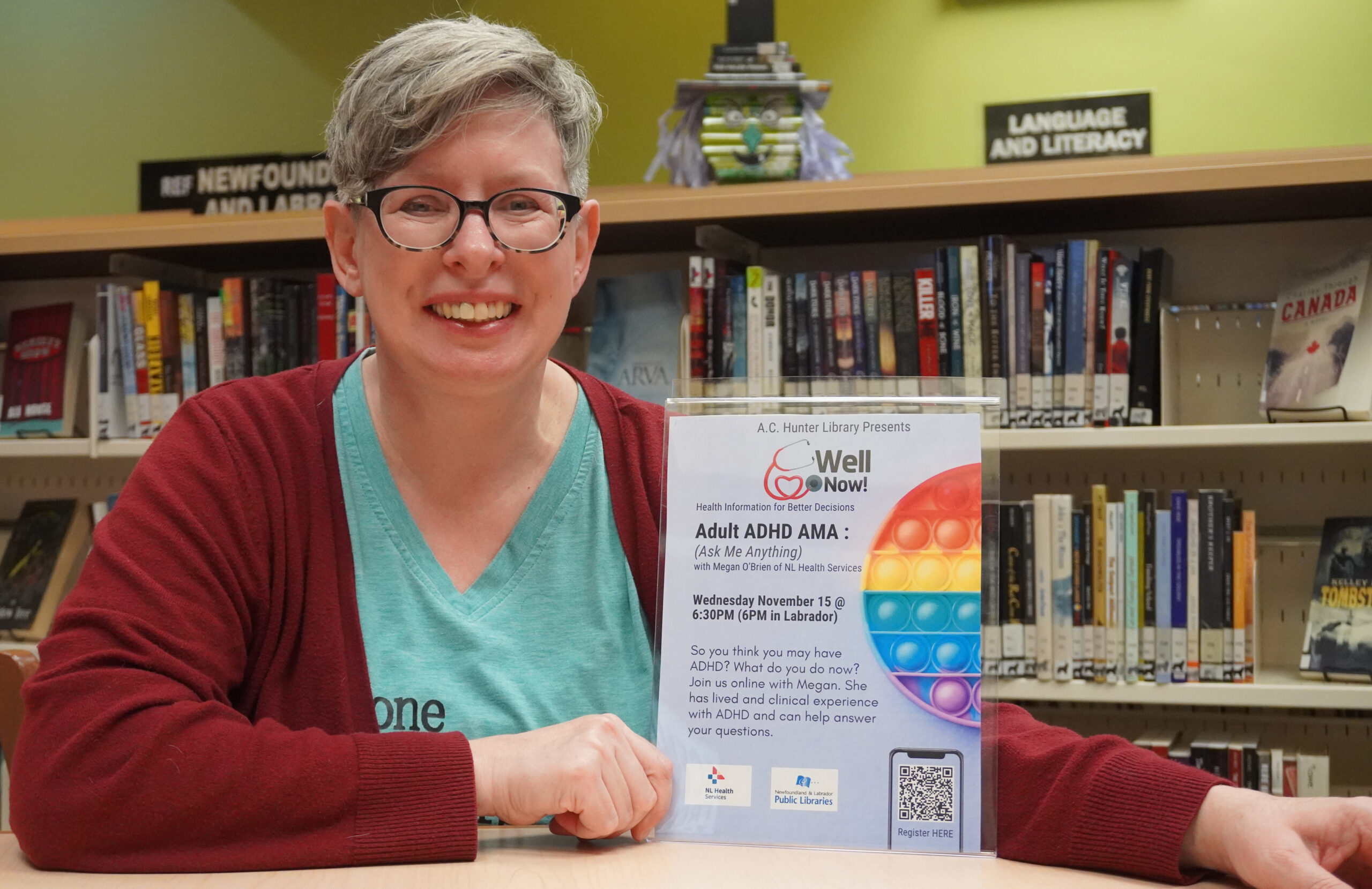 Julia Mayo is a library technician at the A.C Hunter Library. With a simile on her face and share about the coming event about adult ADHD. 