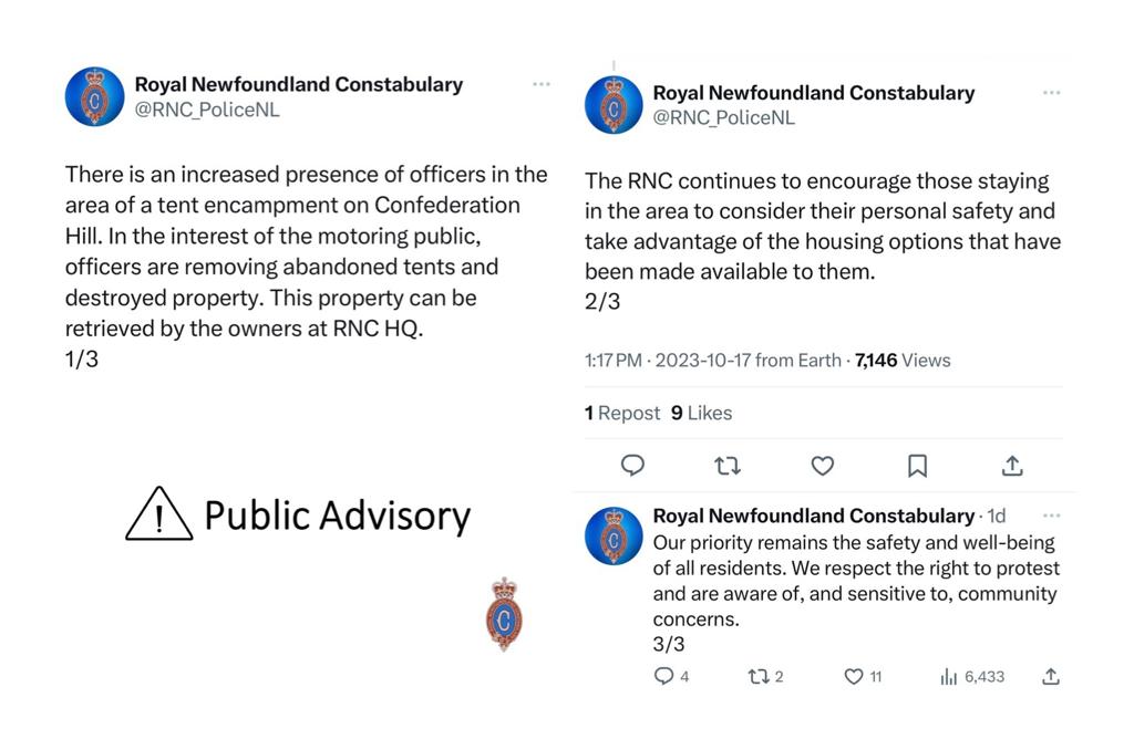 A post thread made by Royal Newfoundland Constabulary on X, formerly known as Twitter. This was a clarification to the tent city police presence.