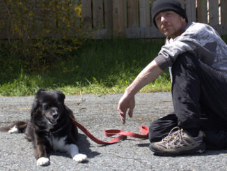 Gregory McCain and his dog Maggie sit on a parking lot in the sun. McCain was one of the residents of the "tent city" homeless encampment in St. John's.
