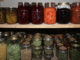Leslie Healey's canned preserves lined up on her shelves. All her own produce that she grew and canned.