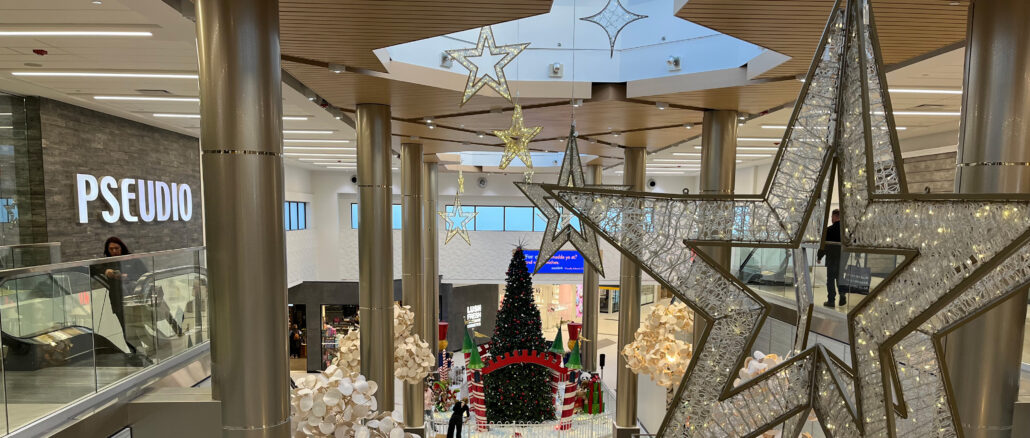 an overlook of the avalon mall christmas decorations.