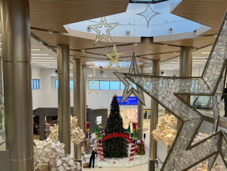 an overlook of the avalon mall christmas decorations.