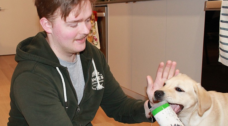 Benjamin Oates plays with his four-month-old golden Labrador puppy Gus inside during a recent cold day.
