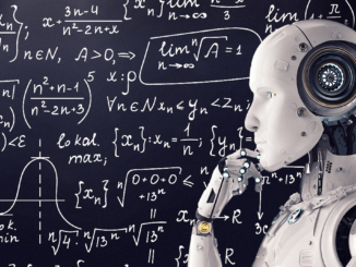 A robot touches his hand to his chin as if in deep thought in front of a blackboard marked with complex formulas. Perhaps he is wondering when artificial general intelligence will become a reality.