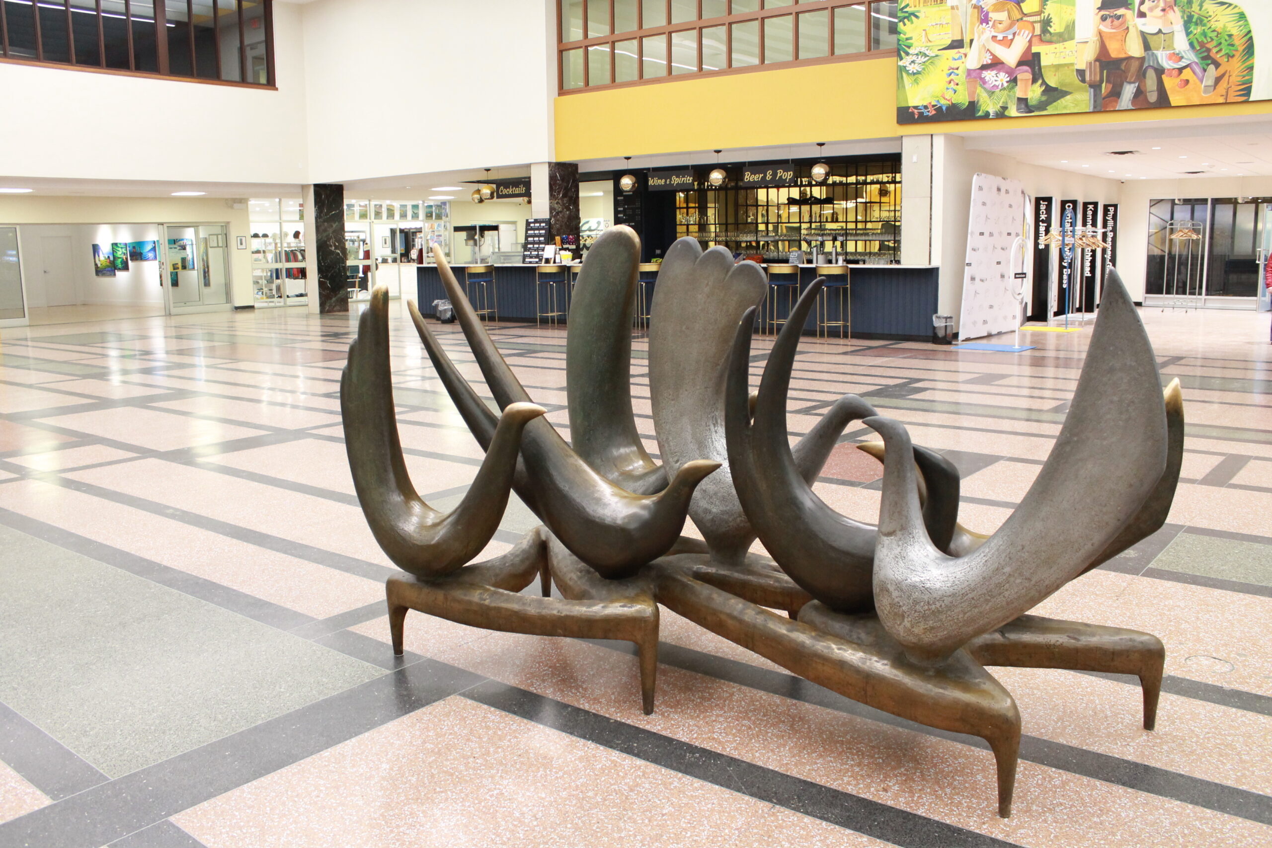 The Birds of Welcome sculpture placed in the middle of the lounge, to draw people into the space