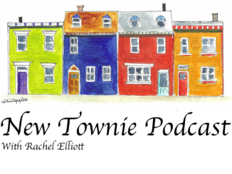 Logo of St. John's row houses and logo for "New Townie" podcast.