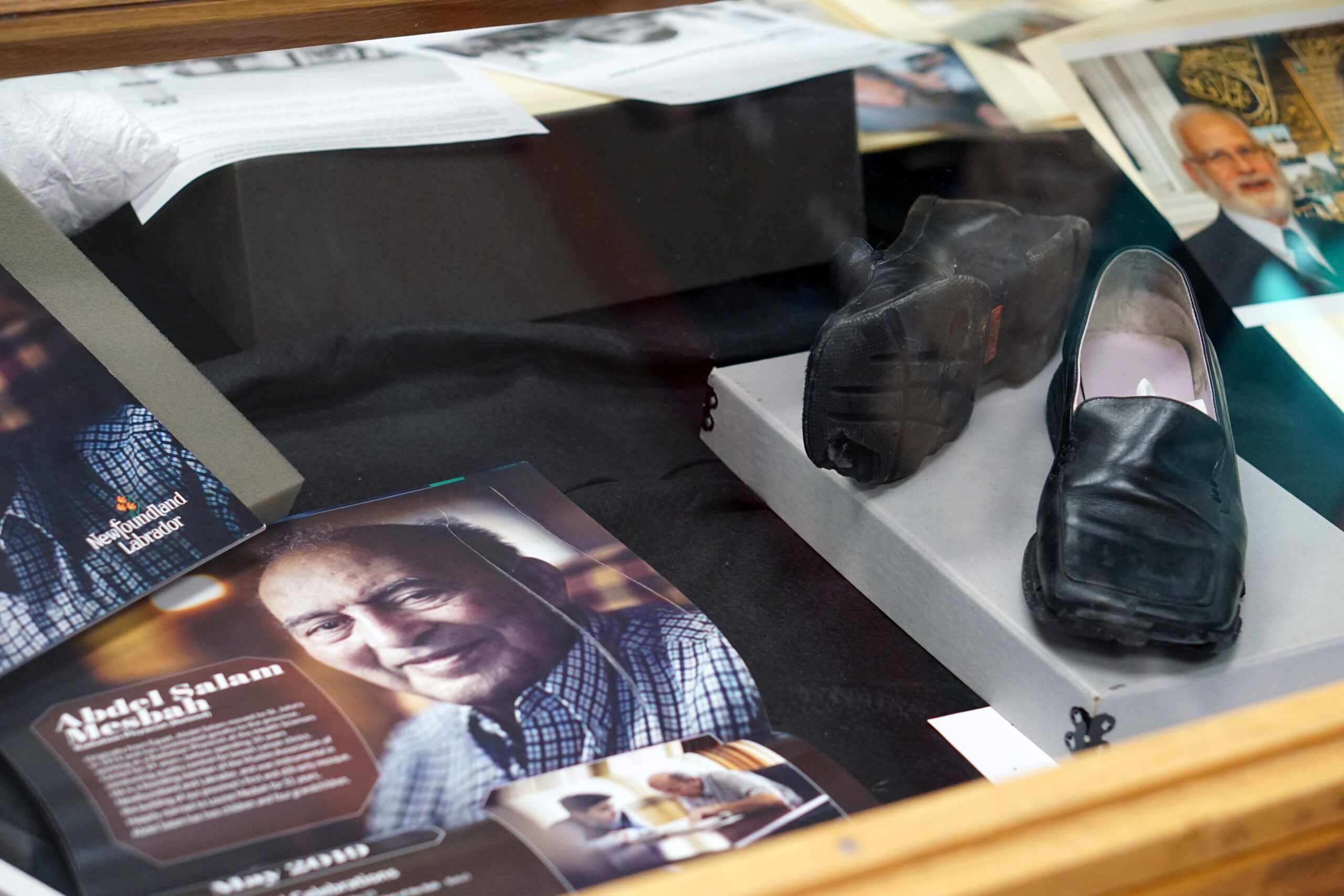 A pair of shoes donated to Muslim Narratives and Lives In N.L. are on display at the centre for Newfoundland studies.